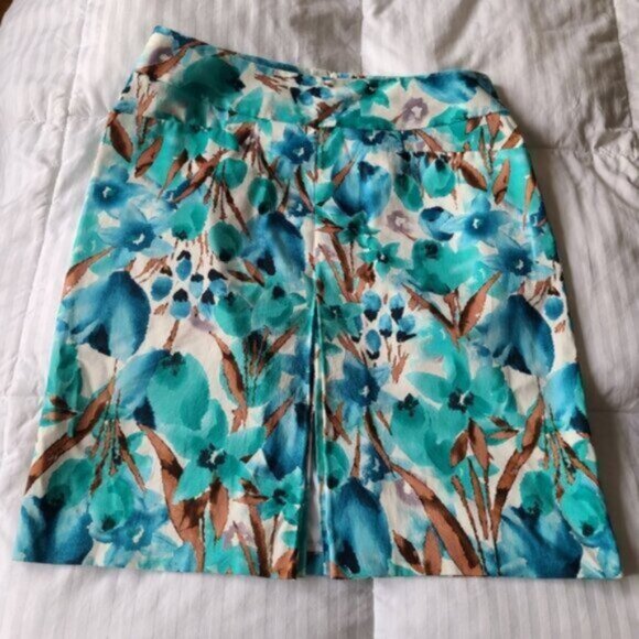 Laura Petites Floral Blue Green Front Slit Pocket Knee Length Midi Pencil Skirt - Picture 3 of 15
